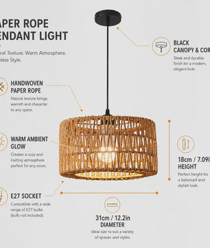 Hanglamp Rotan Mand - Rustiek Landelijk Design - Verstelbaar - 31cm Diameter