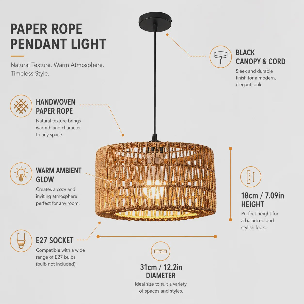 Hanglamp Rotan Mand - Rustiek Landelijk Design - Verstelbaar - 31cm Diameter