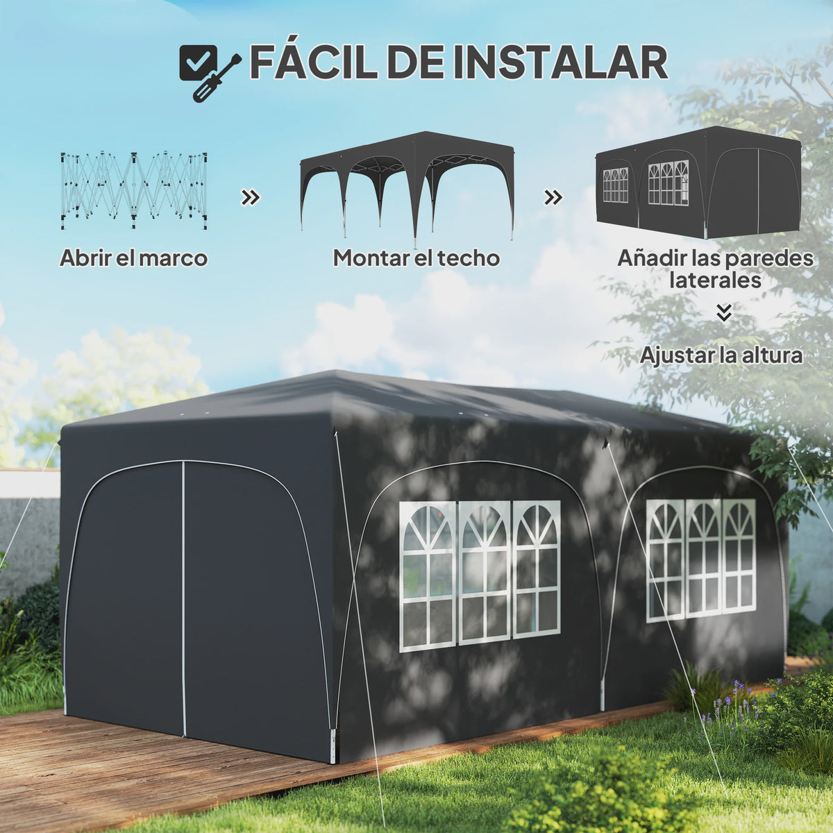 6x3m Uitklapbare Partytent met 6 Zijwanden - Donkergrijs