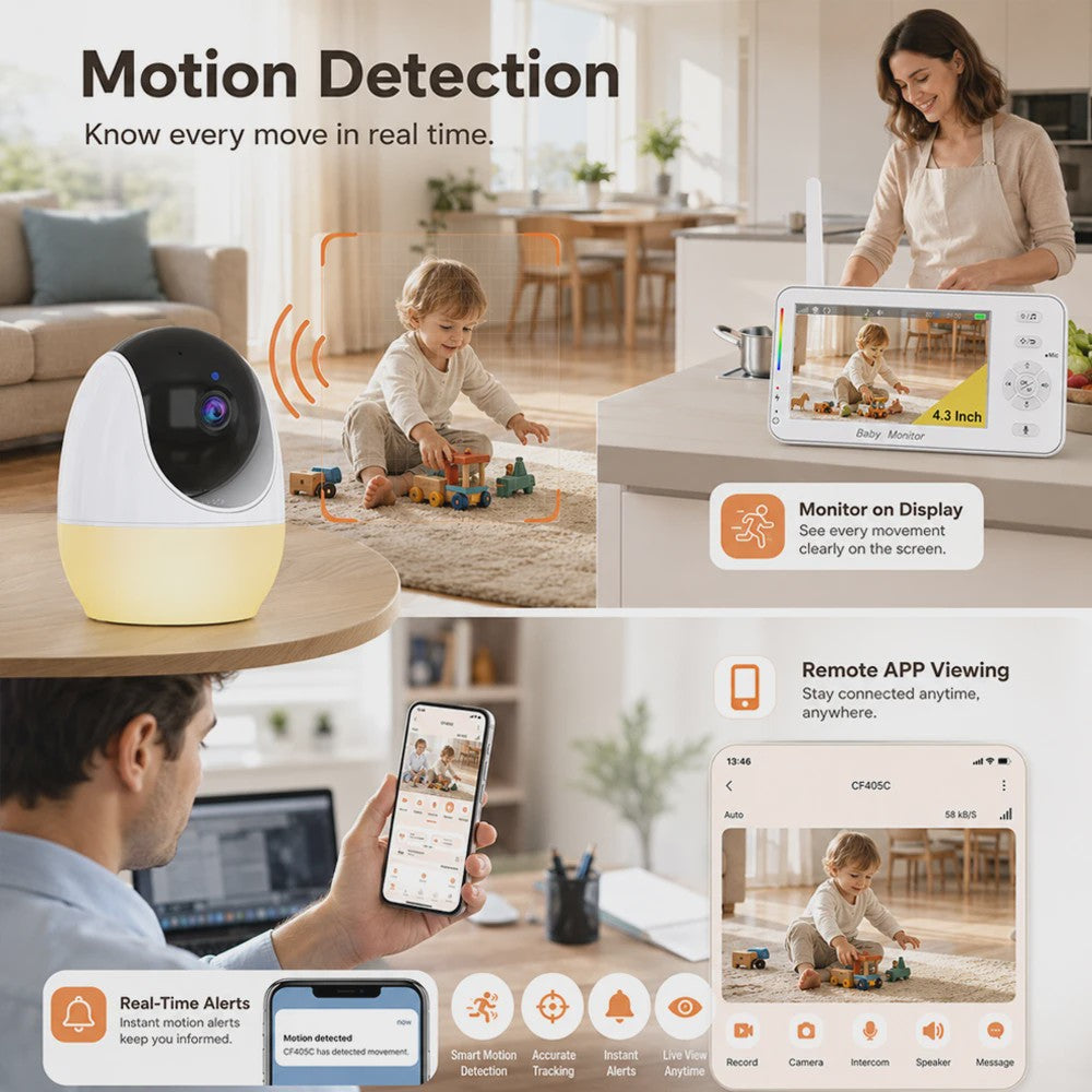 1080P HD WiFi Babyfoon met 4.3 inch Scherm, App Bediening, Nachtzicht & Temperatuur