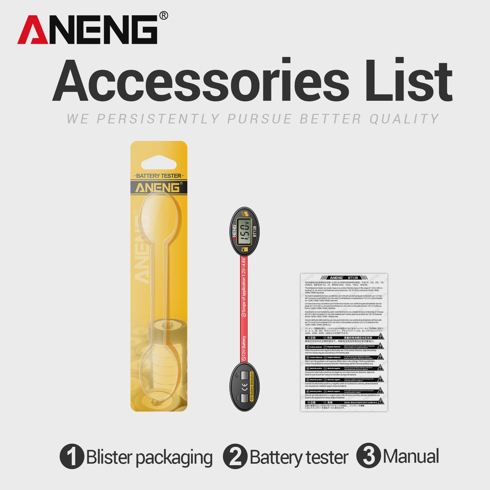 ANENG BT138 Universele Batterij Tester met LCD - Meet AA, AAA, C, D, 9V, Lithium & Knoopcel Batterijen
