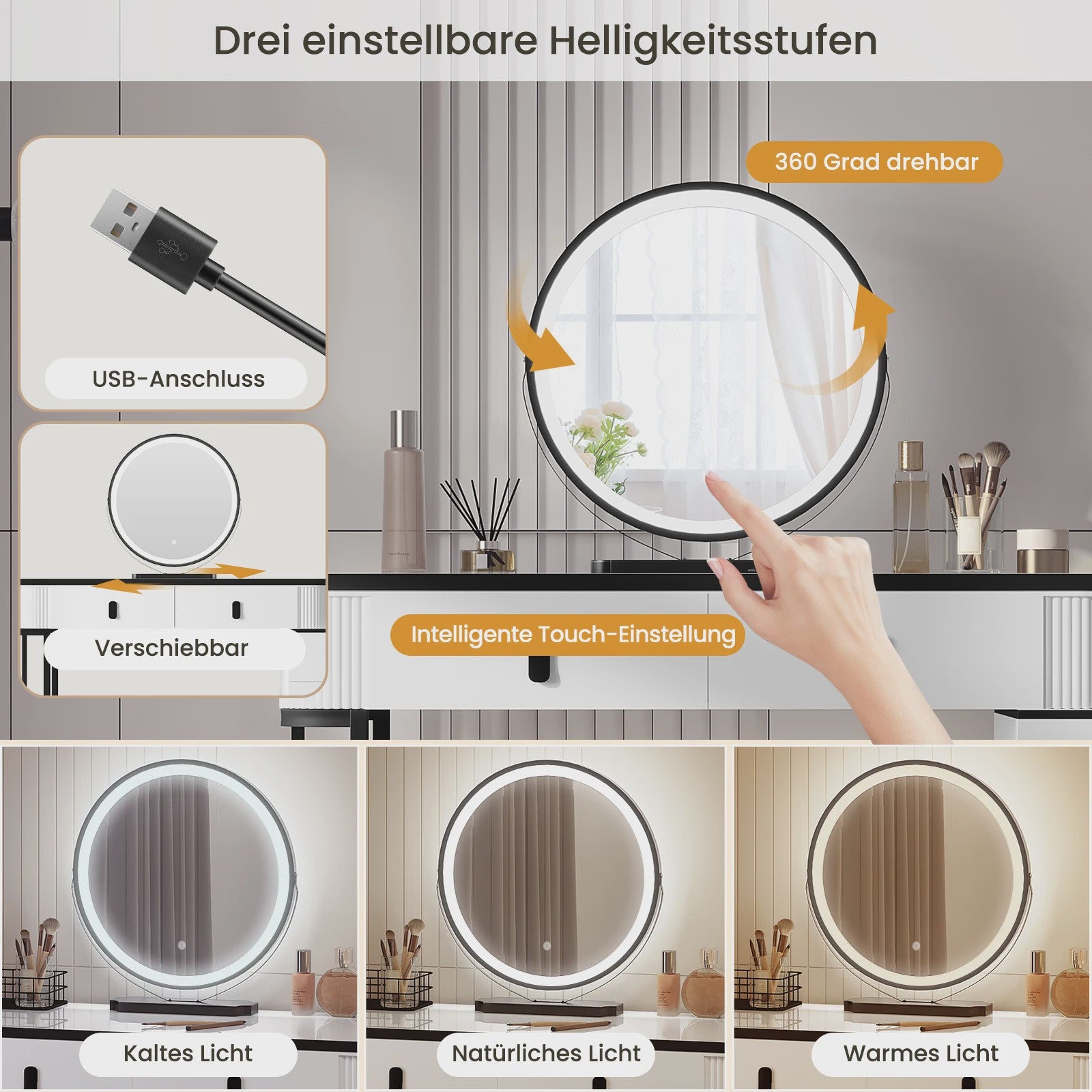 Moderne Kaptafel met LED Verlichting, Verstelbare Spiegel en Ruime Opbergruimte