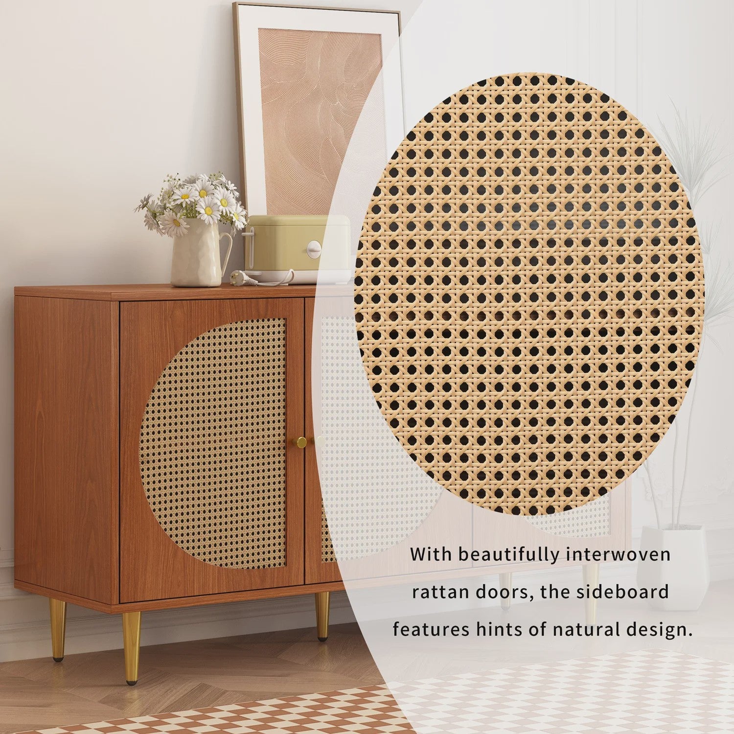 Stijlvol Dressoir met 3 Rotan Deuren en Metalen Handgrepen - Woonkamer & Slaapkamer Kast