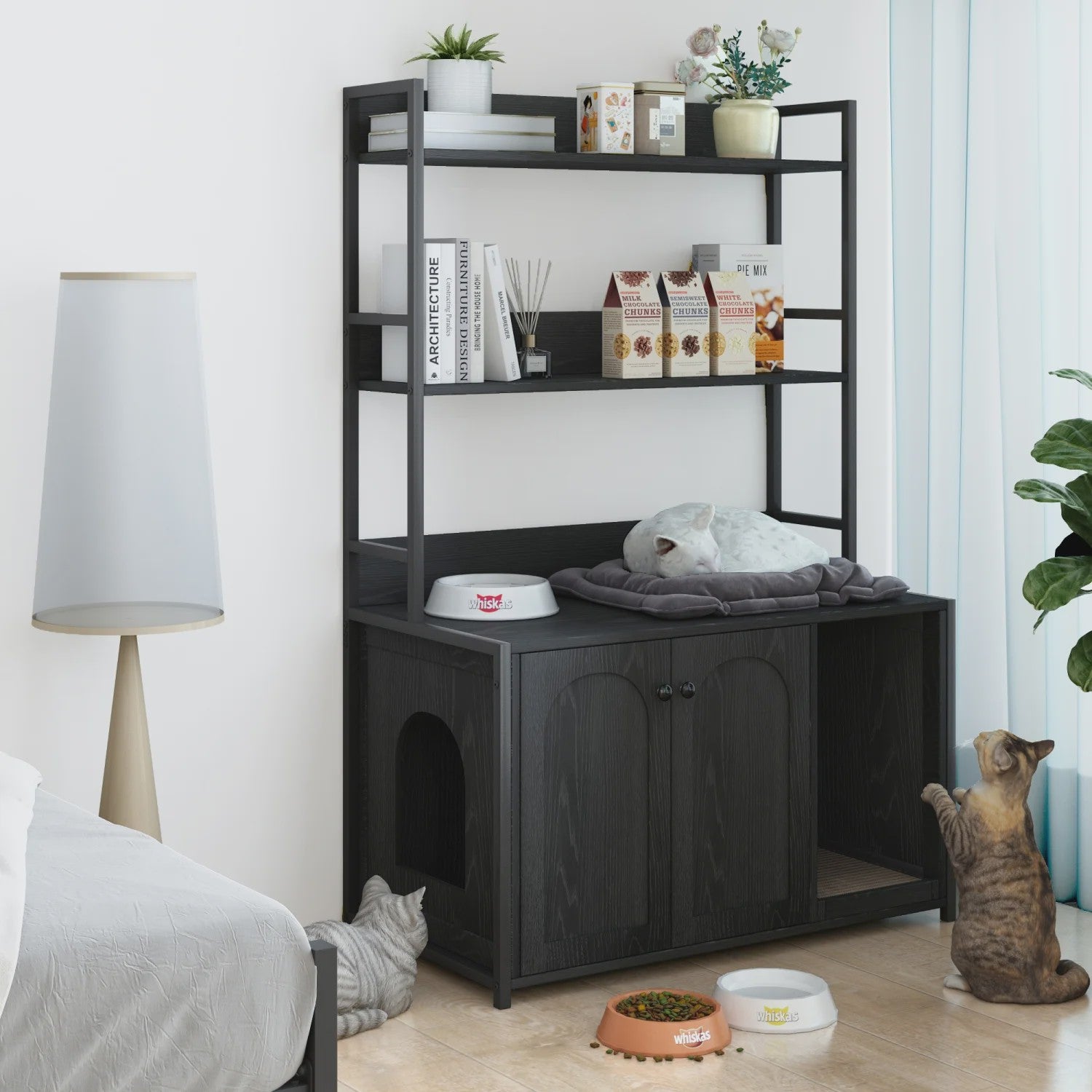 Stijlvolle Kattenbakombouw met Opbergruimte & Boekenkast - Meubel voor Huisdieren