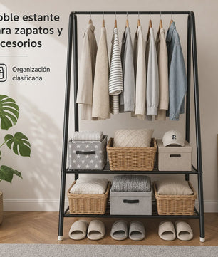 Multifunctioneel Kledingrek met Dubbele Schoenenplank - Zwart Metaal
