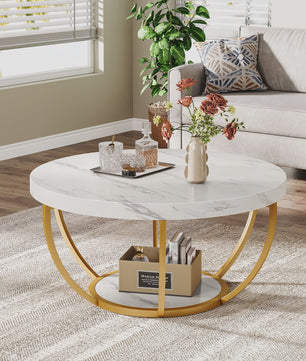 Ronde Marmerlook Salontafel met Gouden Onderstel - 32 inch, 2 Niveaus