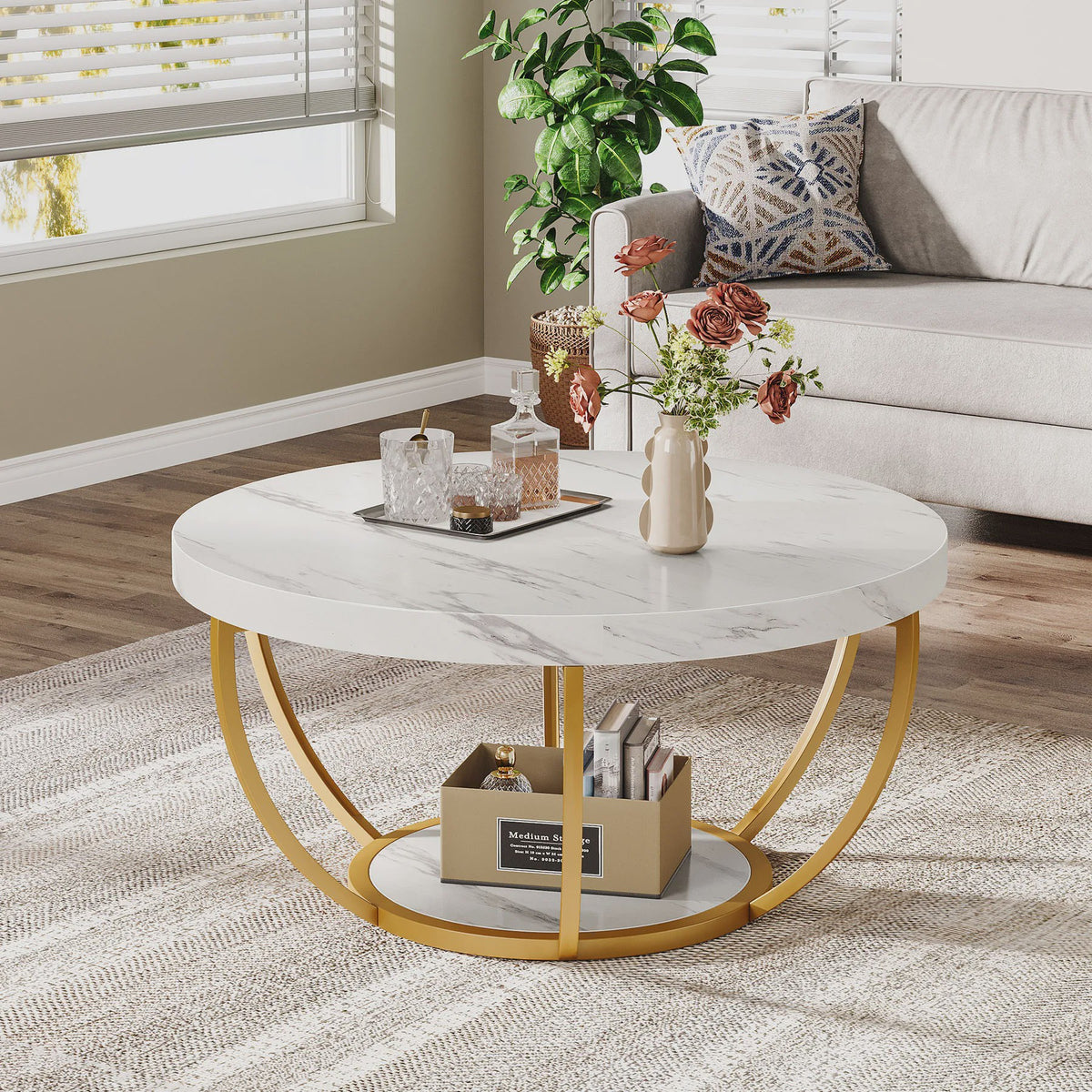 Ronde Marmerlook Salontafel met Gouden Onderstel - 32 inch, 2 Niveaus