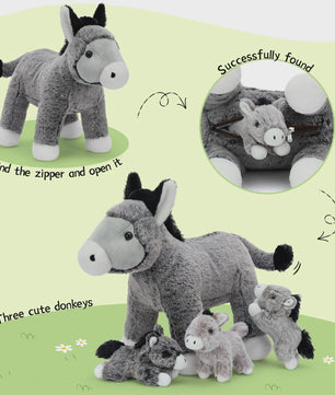 Grote Knuffel Ezel met 3 Baby Ezels - Verrassing in de Buik!