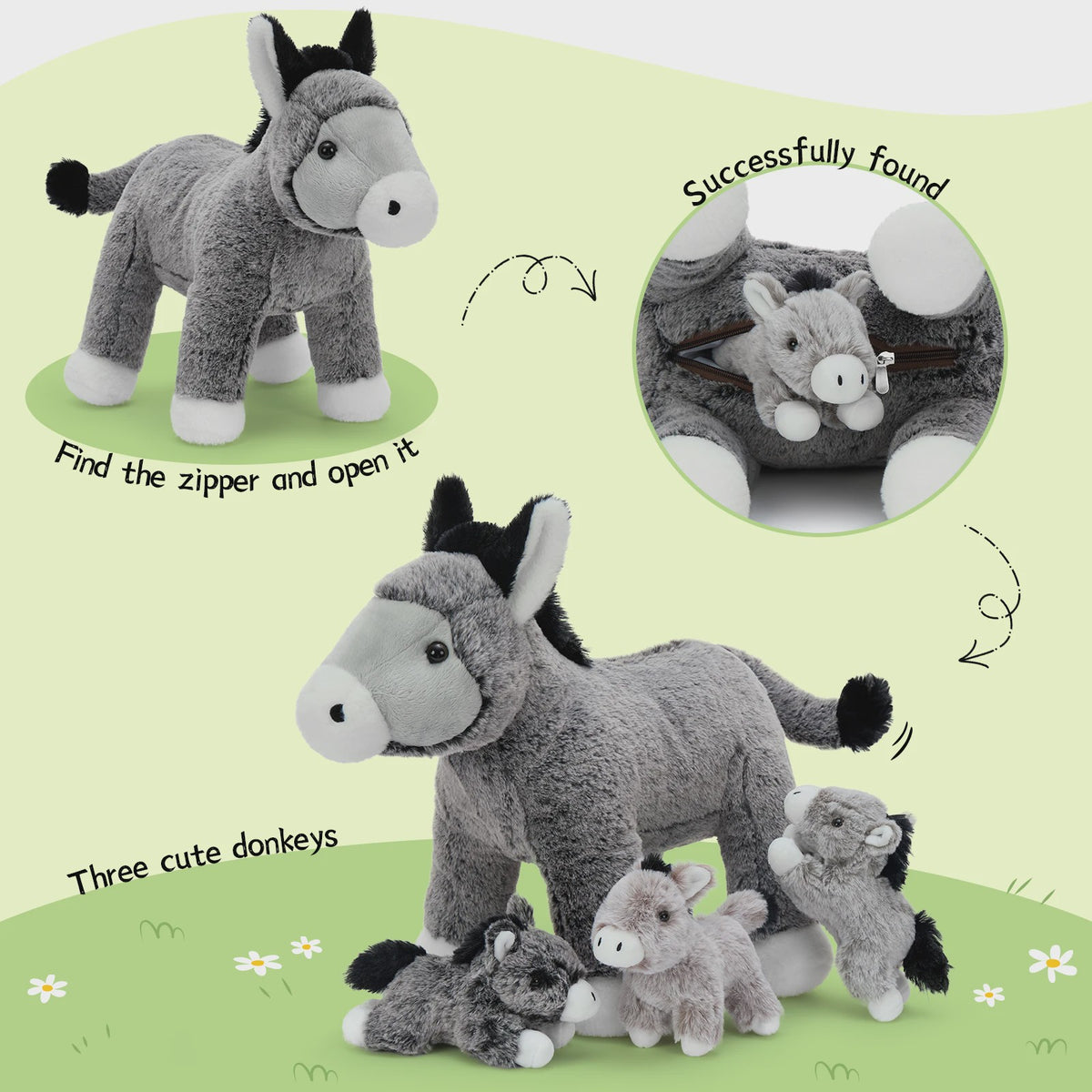 Grote Knuffel Ezel met 3 Baby Ezels - Verrassing in de Buik!