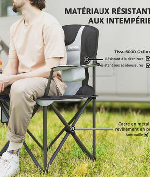 Outsunny Opvouwbare Campingstoel met Verstelbare Armleuningen, Bekerhouder, Zijvakken en Koeltas - Zwart