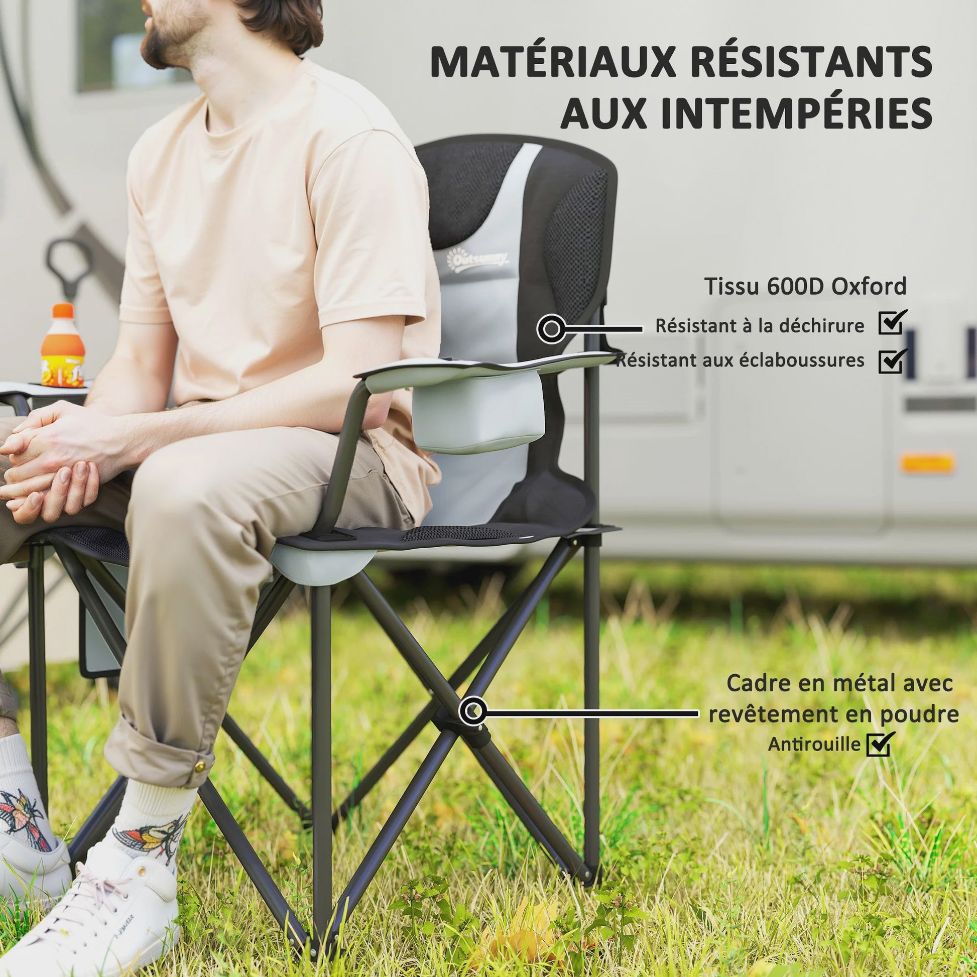 Outsunny Opvouwbare Campingstoel met Verstelbare Armleuningen, Bekerhouder, Zijvakken en Koeltas - Zwart