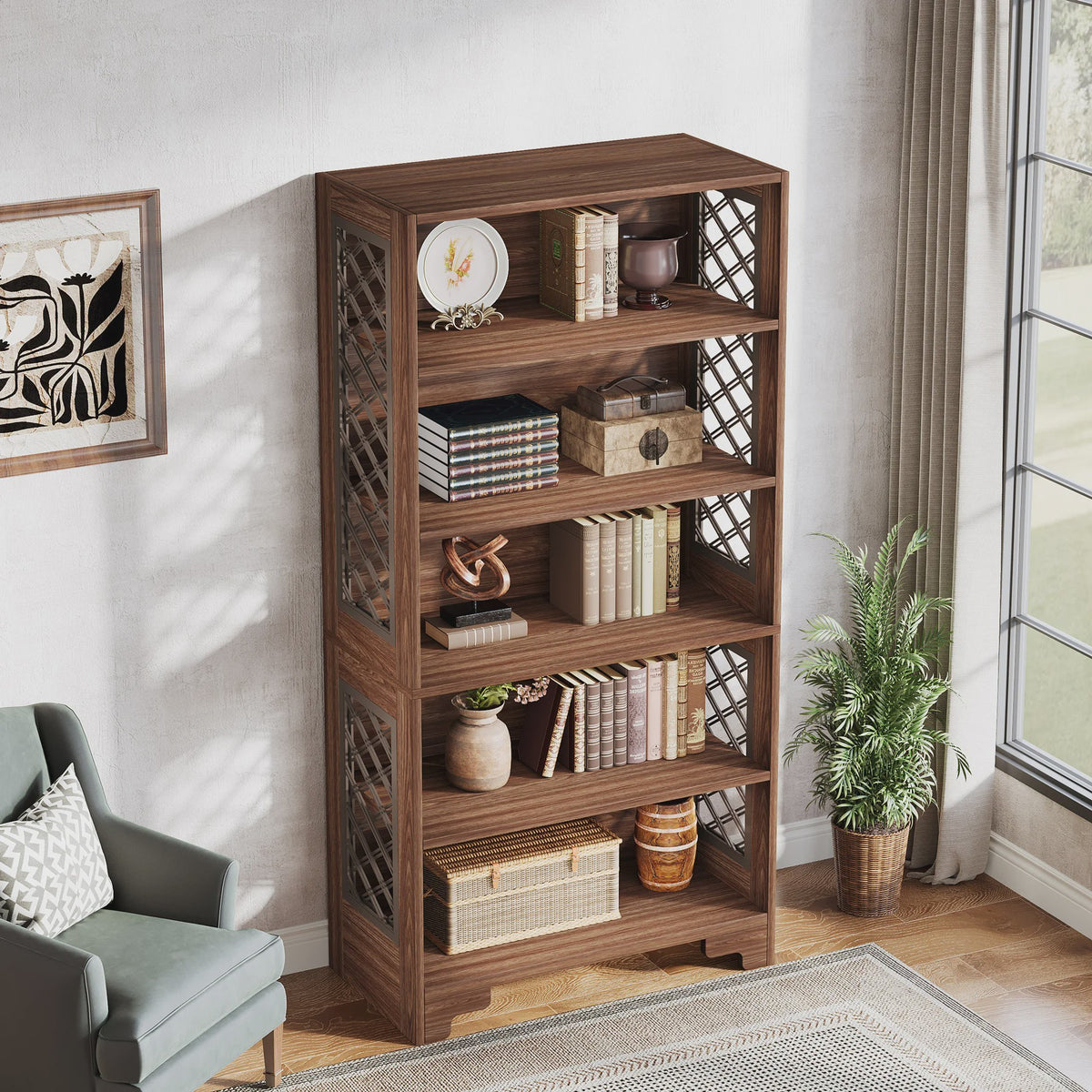 Industriële Boekenkast 180cm Hoog - Vintage Bruin Hout - 6 Open Planken