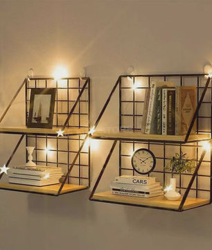 Draadmand Wandplank Set - Zonder Boren - Hout & Metaal - Decoratief & Opbergrek
