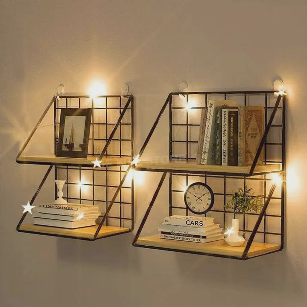Draadmand Wandplank Set - Zonder Boren - Hout & Metaal - Decoratief & Opbergrek