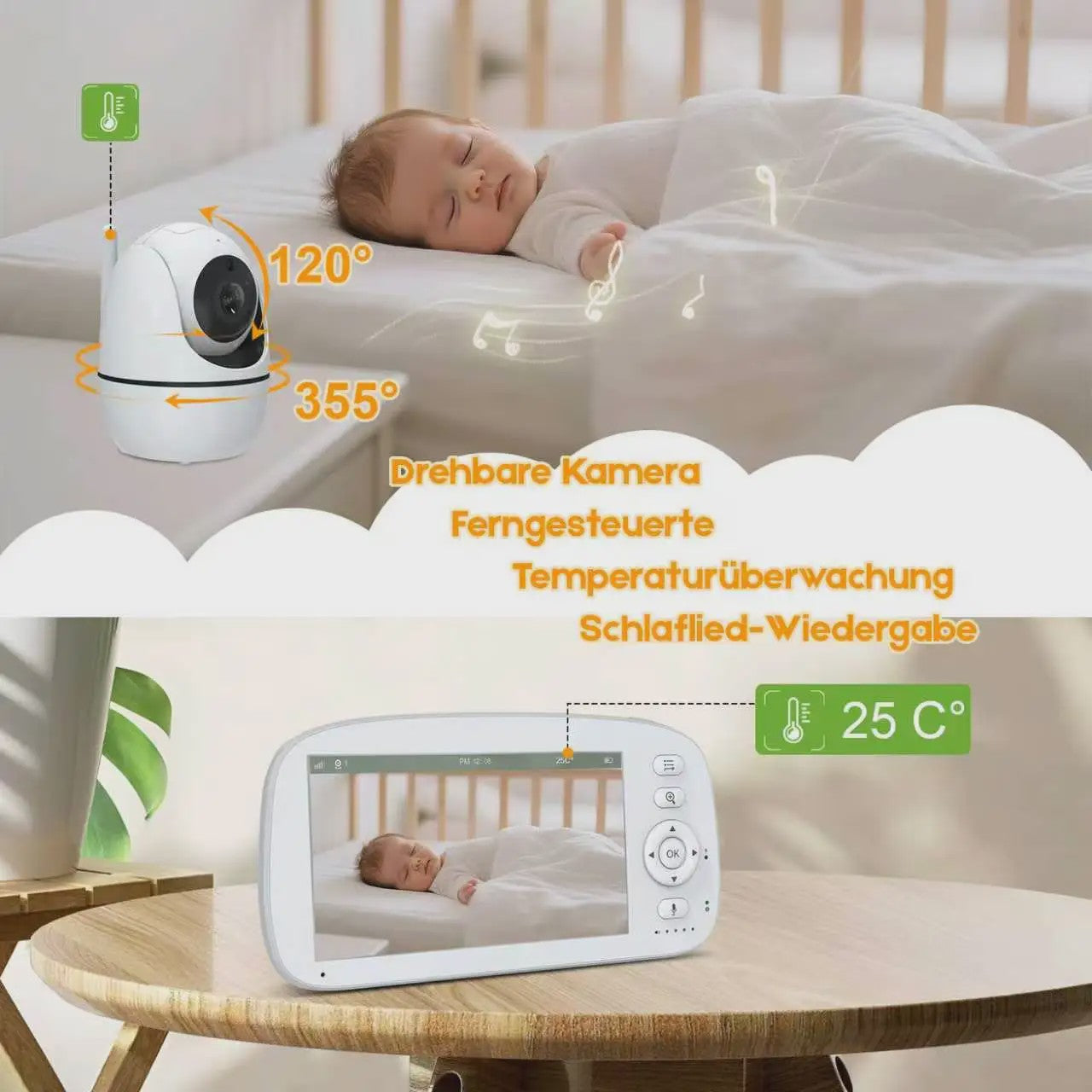 Babyfoon met 5000 mAh accu, HD Video, 360° Zicht & Temperatuurmeter