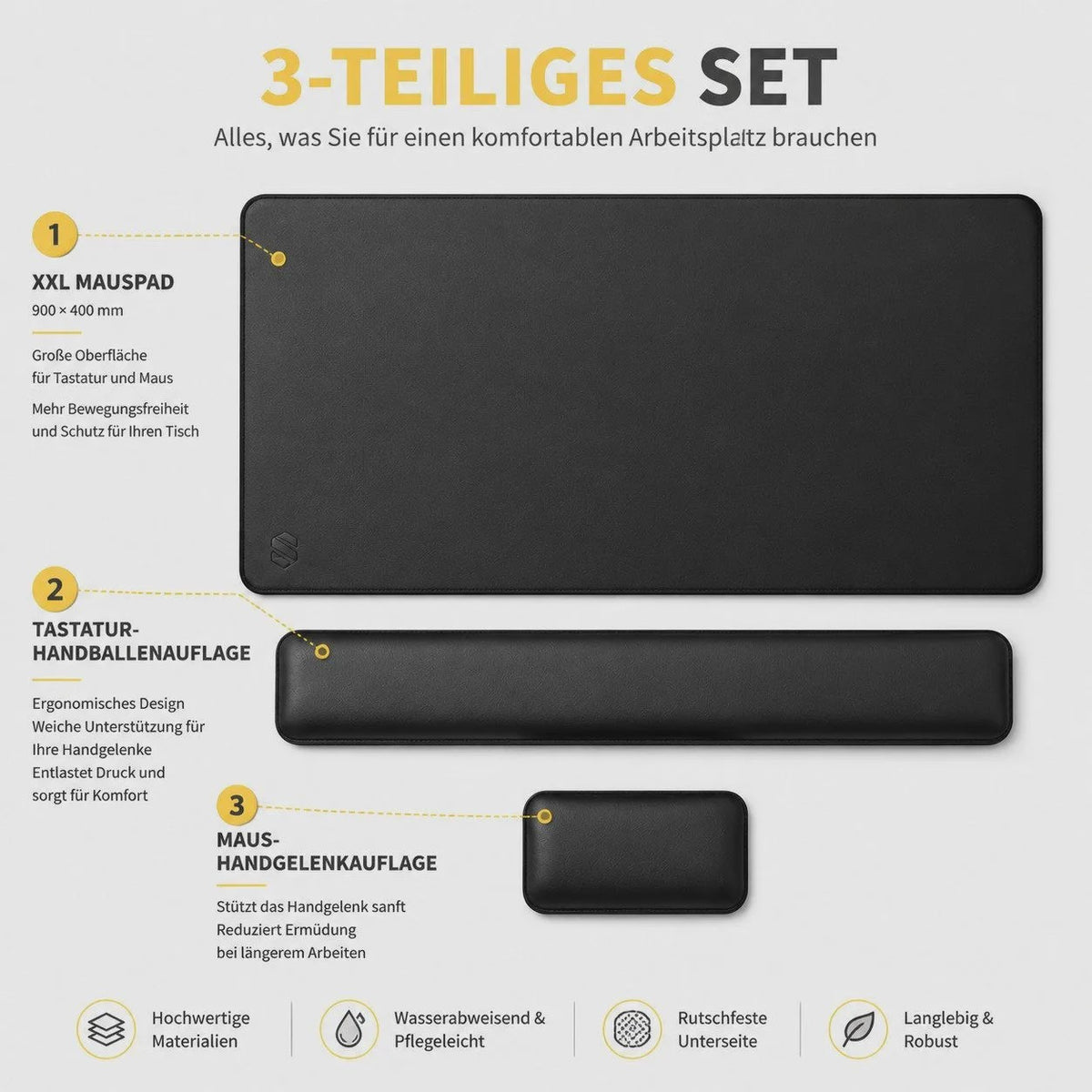 3-in-1 Ergonomische Bureau Set: XXL Muismat (900x400mm) met Polssteunen van Memory Foam & Waterdicht PU Leer