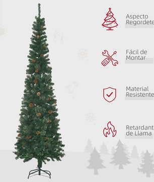 HOMCOM Kunstkerstboom 225 cm Groen Potloodmodel met Dennenkegels