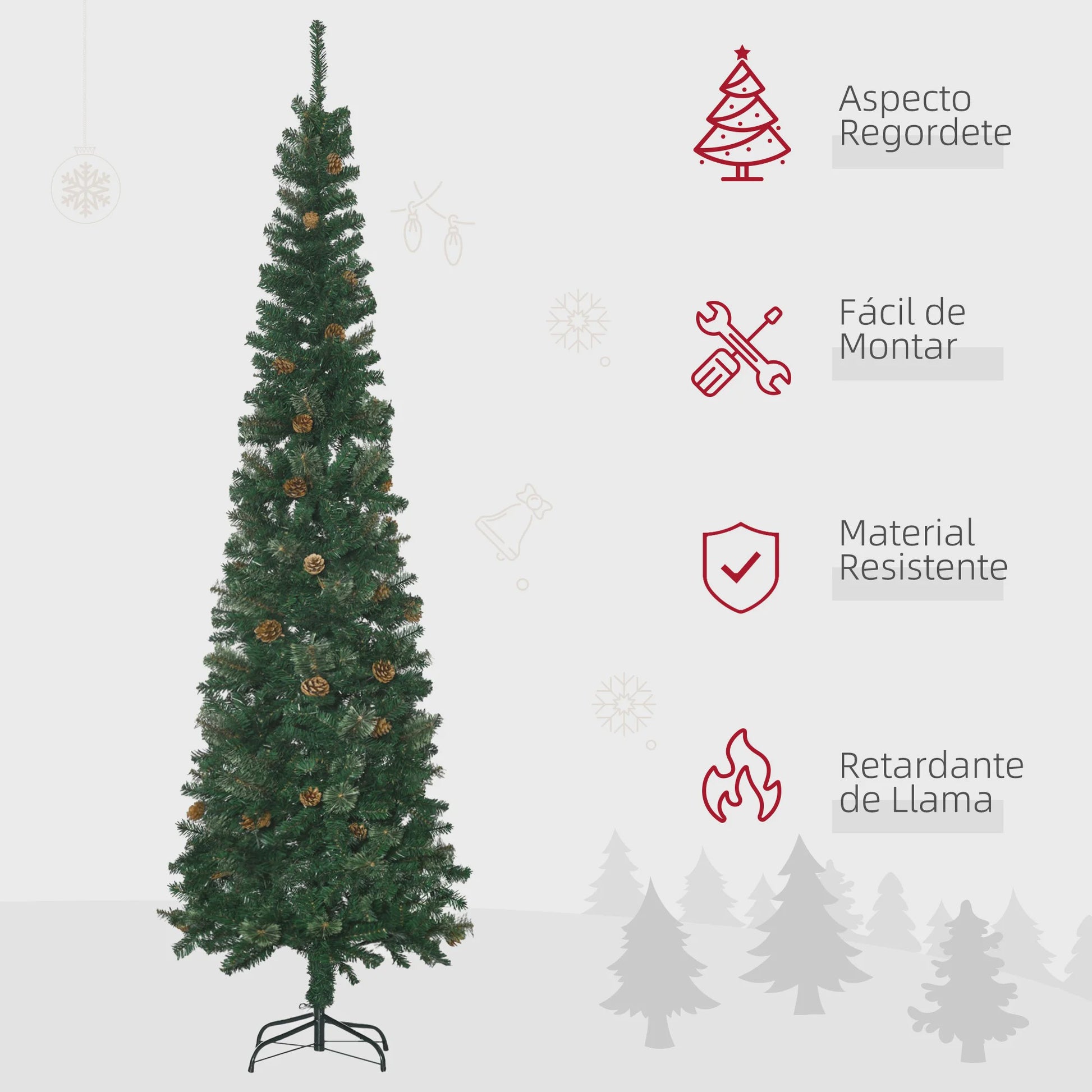 HOMCOM Kunstkerstboom 225 cm Groen Potloodmodel met Dennenkegels