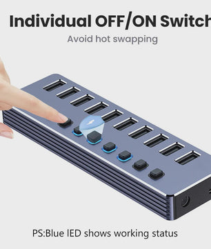 10-Poorts USB 3.0 Hub met 5Gbps Snelheid, Individuele Schakelaars en Krachtige Adapter