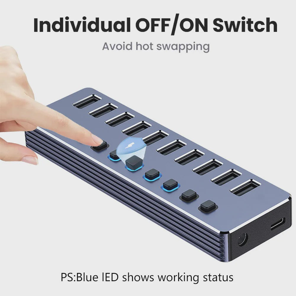 10-Poorts USB 3.0 Hub met 5Gbps Snelheid, Individuele Schakelaars en Krachtige Adapter