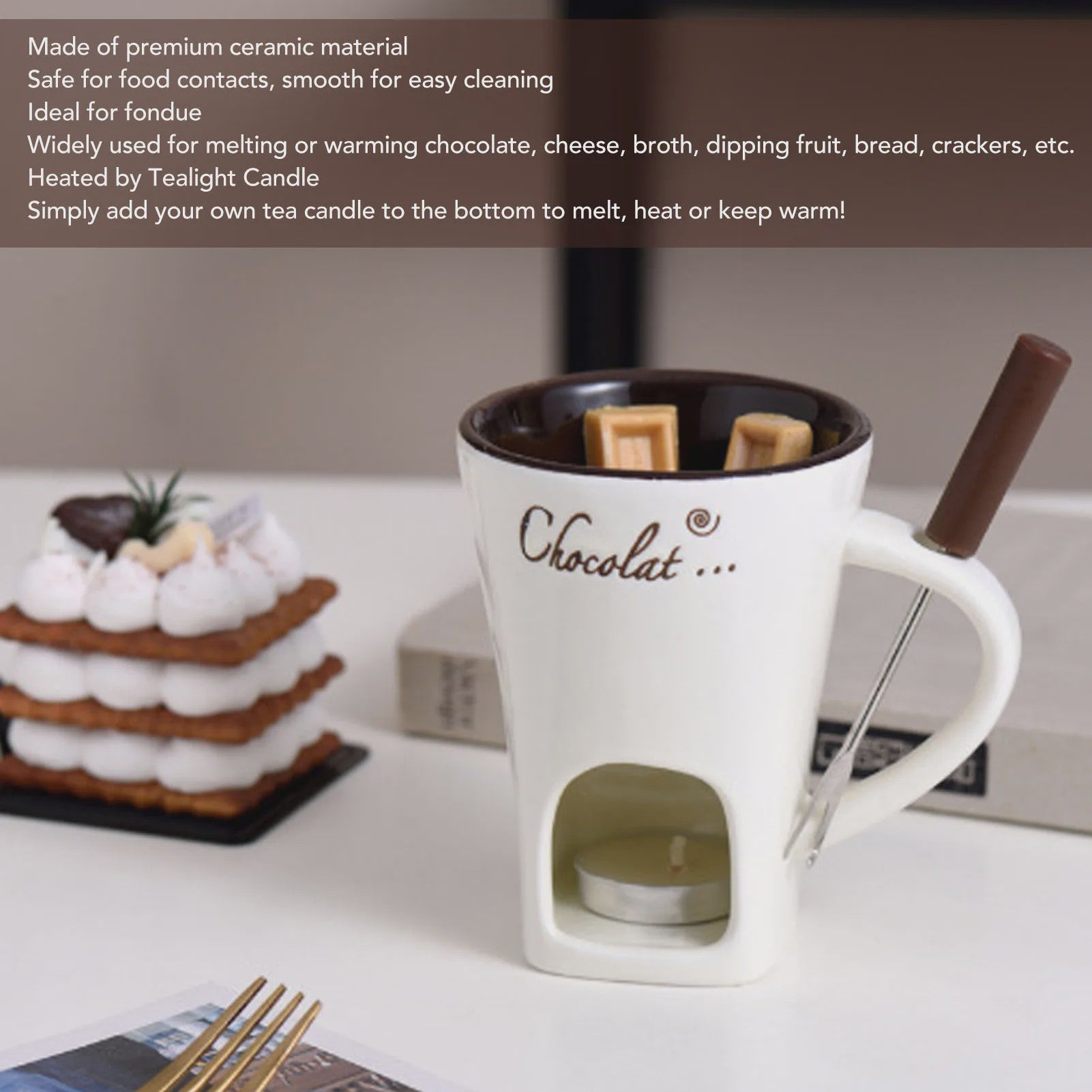 Chocolade Smeltmok met Vork - Keramische Fondue Beker voor Smelten en Warmer Houden