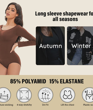 POKARLA Spandex Elastic Body Suit Shapewear Women Body Shaper Tummy Control Long Sleeve Open Crotch Round Neck Seamless Shapers