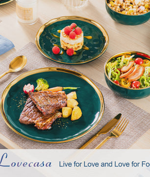 LOVECASA 12/24-delig Servies Set - Porselein met Gouden Rand - Dinerborden & Kommetjes