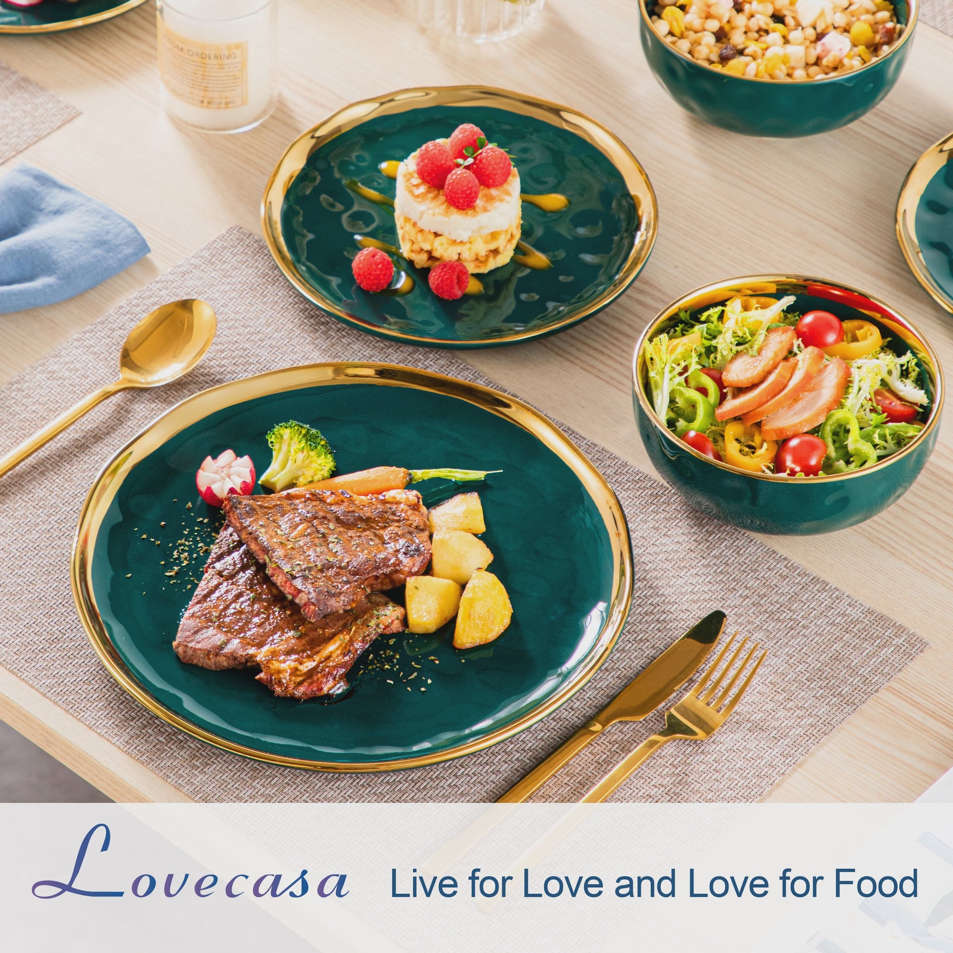 LOVECASA 12/24-delig Servies Set - Porselein met Gouden Rand - Dinerborden & Kommetjes