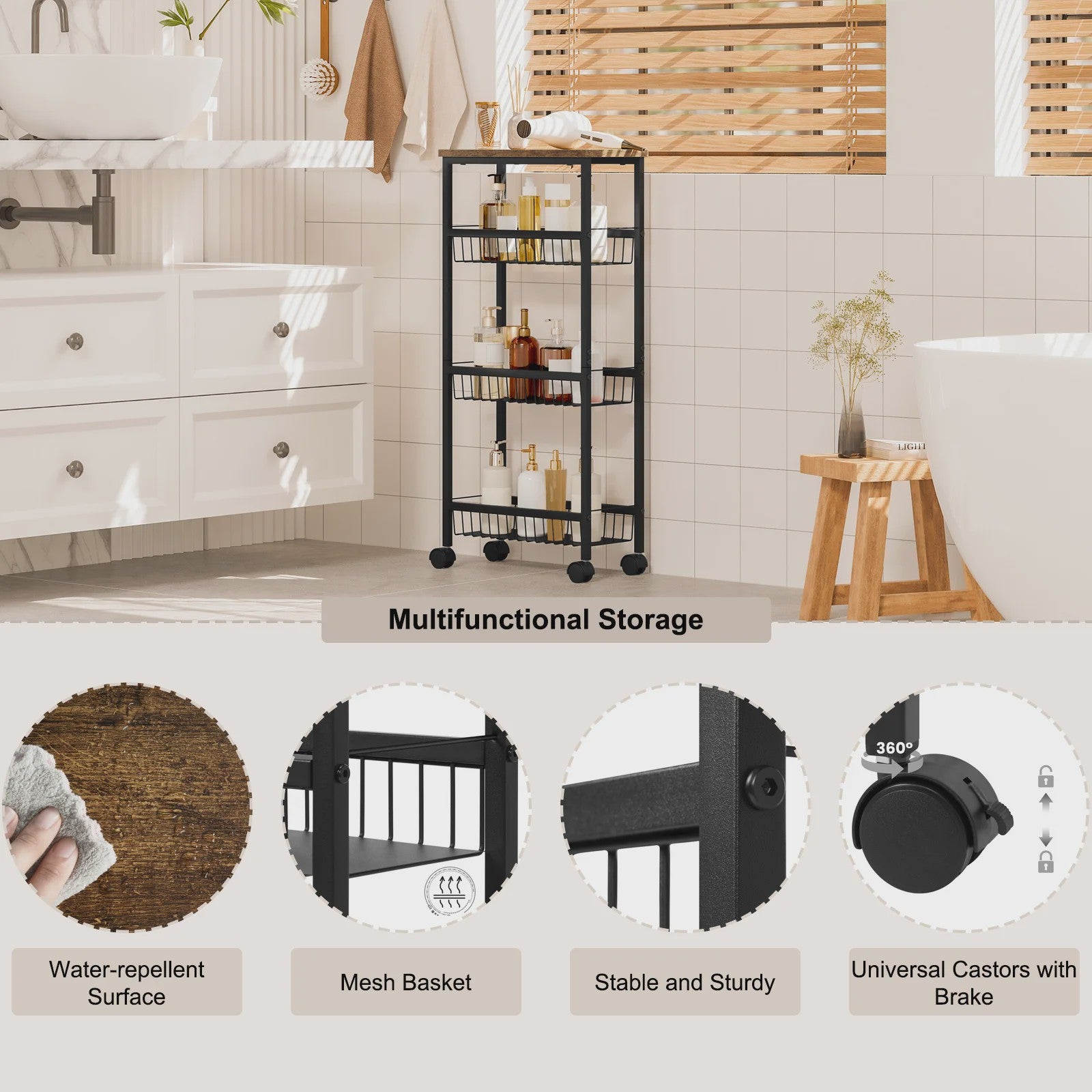 Zwarte Keukentrolley met Werkblad en 3 Manden - 40x87x20cm - Verrijdbaar Opslagrek