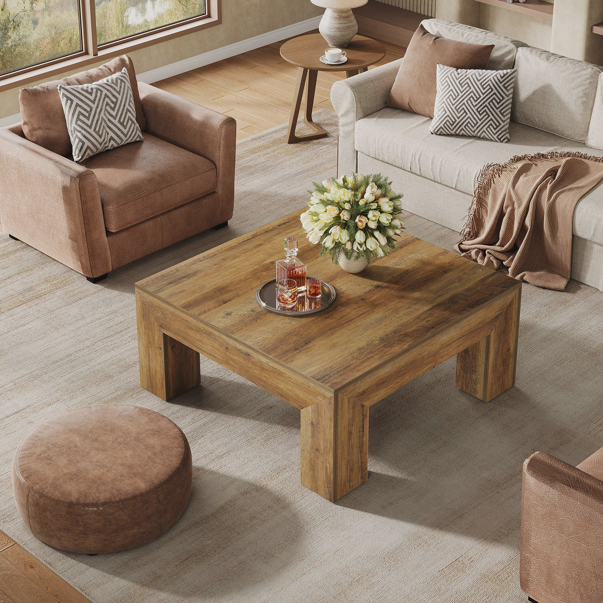 Vierkante Salontafel Rustiek Bruin - 100x100cm - Stevig Houten Onderstel