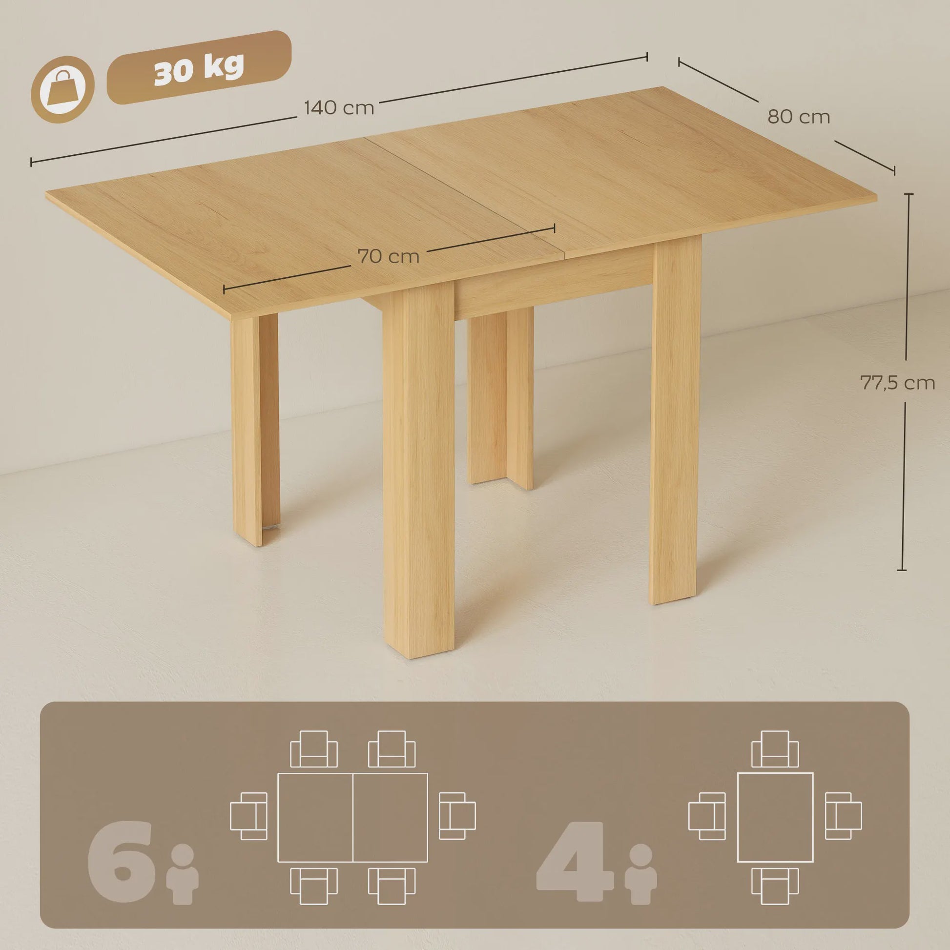 Uitschuifbare Eettafel 70-140 cm - Natuurlijk Houtdesign - Geschikt voor 4-6 Personen