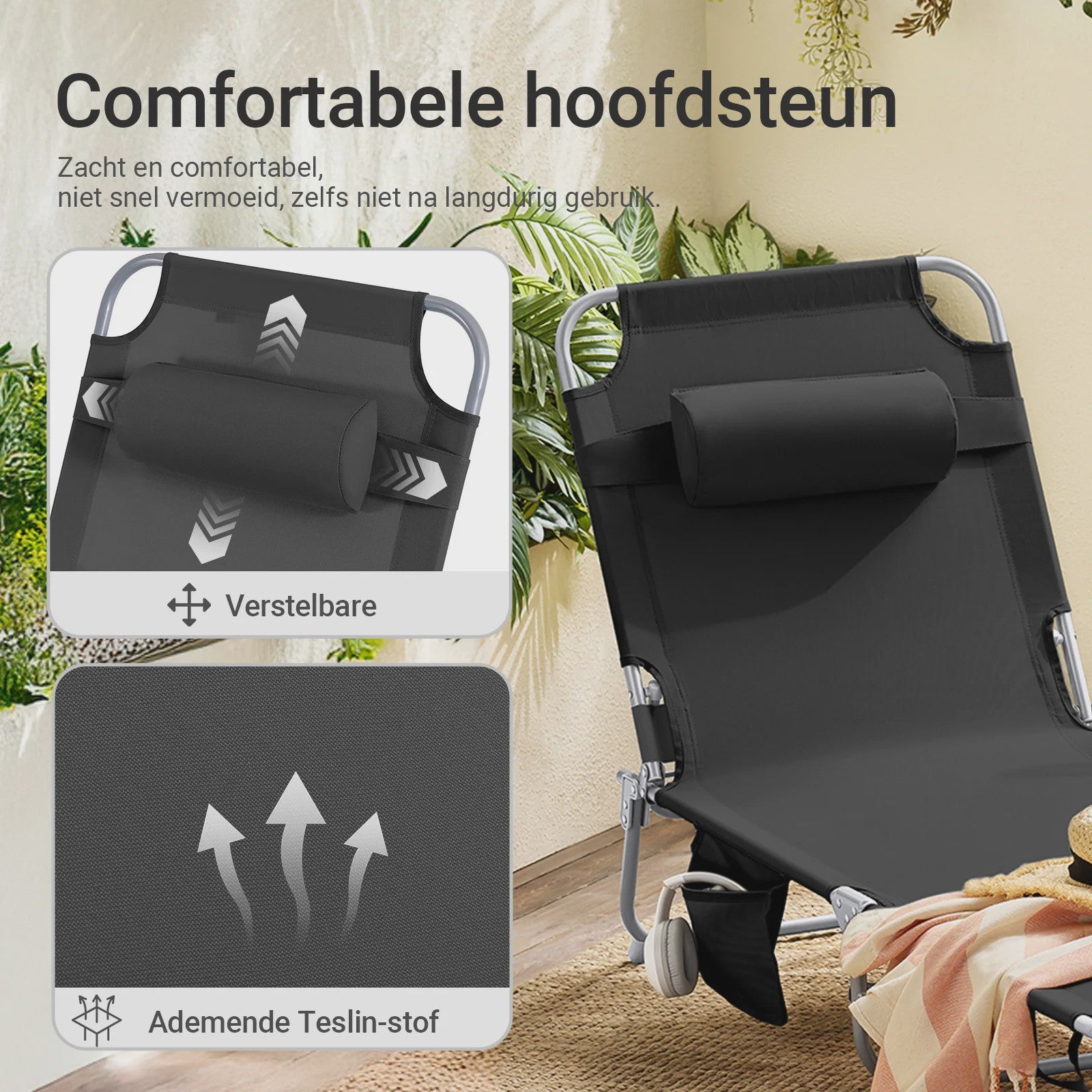 Set van 2 Loungestoelen - Opvouwbaar, Comfortabel met Kussen en Zijvak - Tuin & Terras