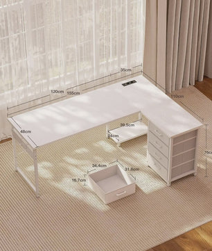 Wit L-vormig Hoekbureau met 4 Lades, Geïntegreerde Socket & USB Oplaadpoort - 155x110 cm