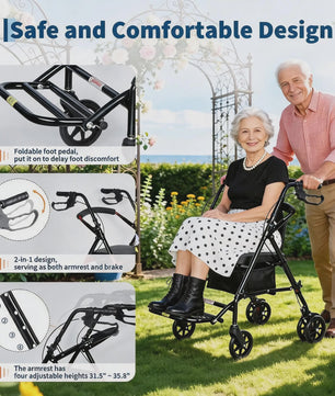 2-in-1 Rollator Walker met Zitje & Voetensteun - Lichtgewicht Rolstoel voor Senioren