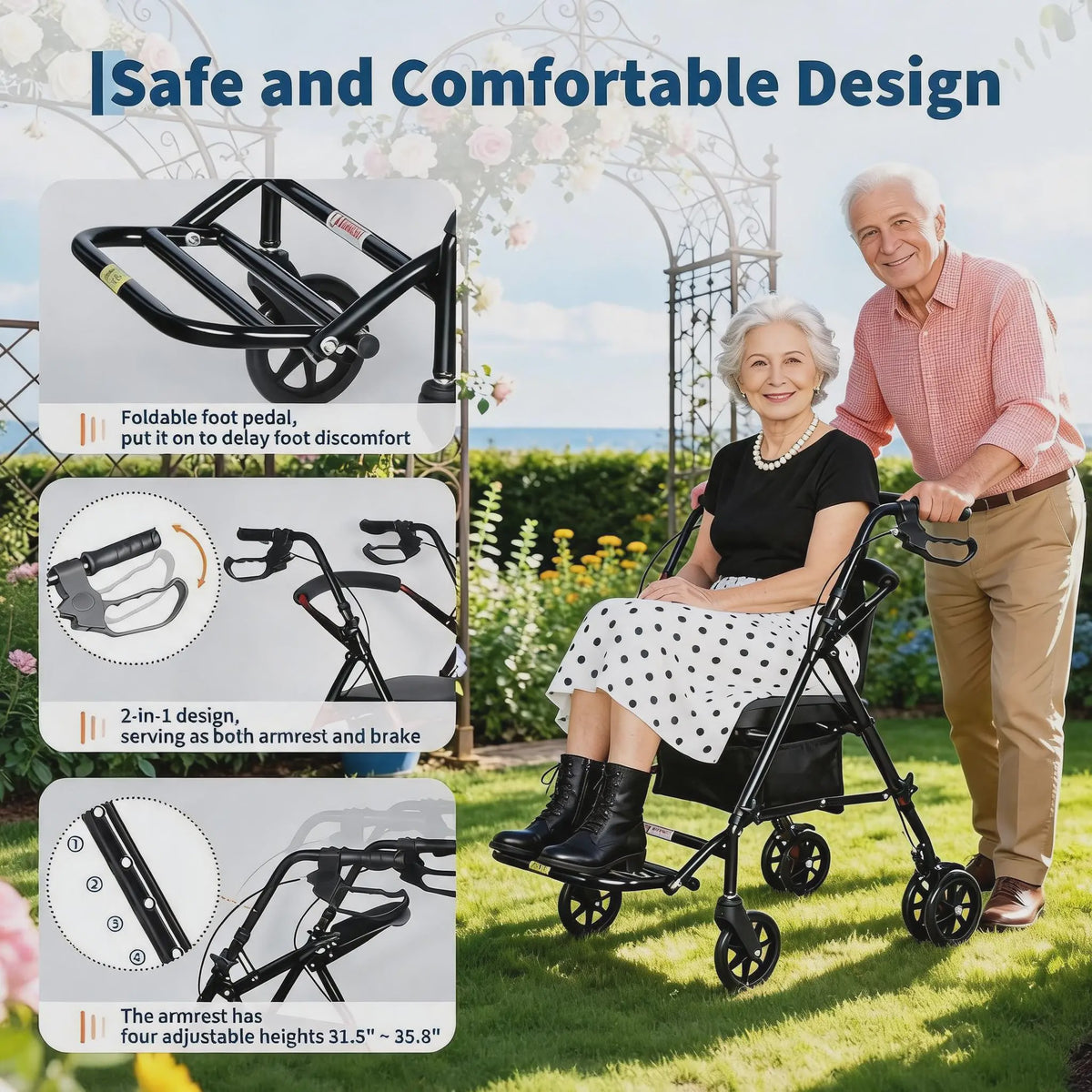 2-in-1 Rollator Walker met Zitje & Voetensteun - Lichtgewicht Rolstoel voor Senioren
