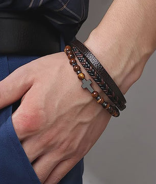 Vintage Heren Leren Armband met Kruis & Tijgeroog Kralen - Punk Stijl