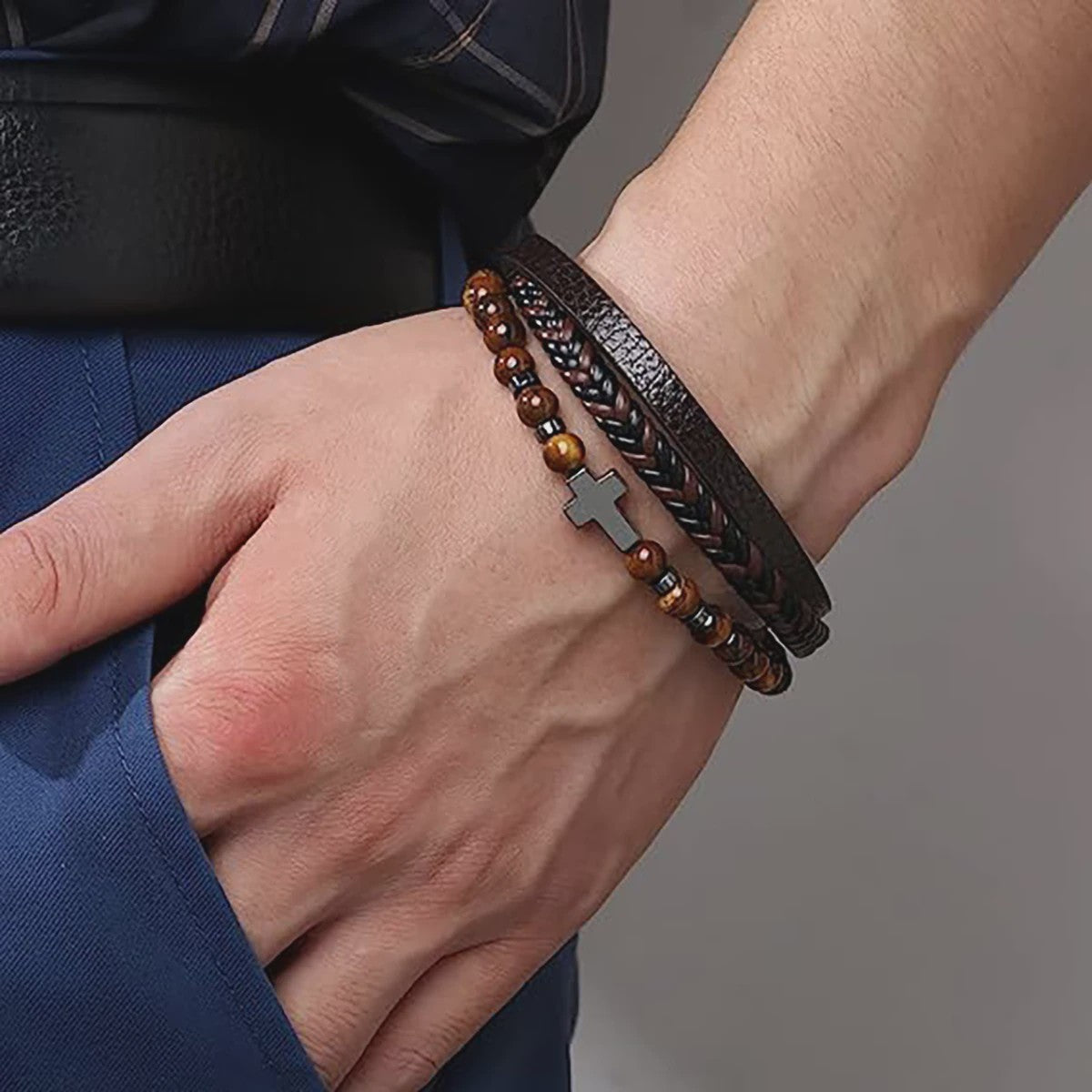 Vintage Heren Leren Armband met Kruis & Tijgeroog Kralen - Punk Stijl