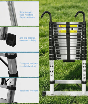 2.6M-6.3M Telescopische Ladder van Roestvrij Staal met Afneembare Haken & Stabilisator Bar - EN131 Gecertificeerd, 150kg Max