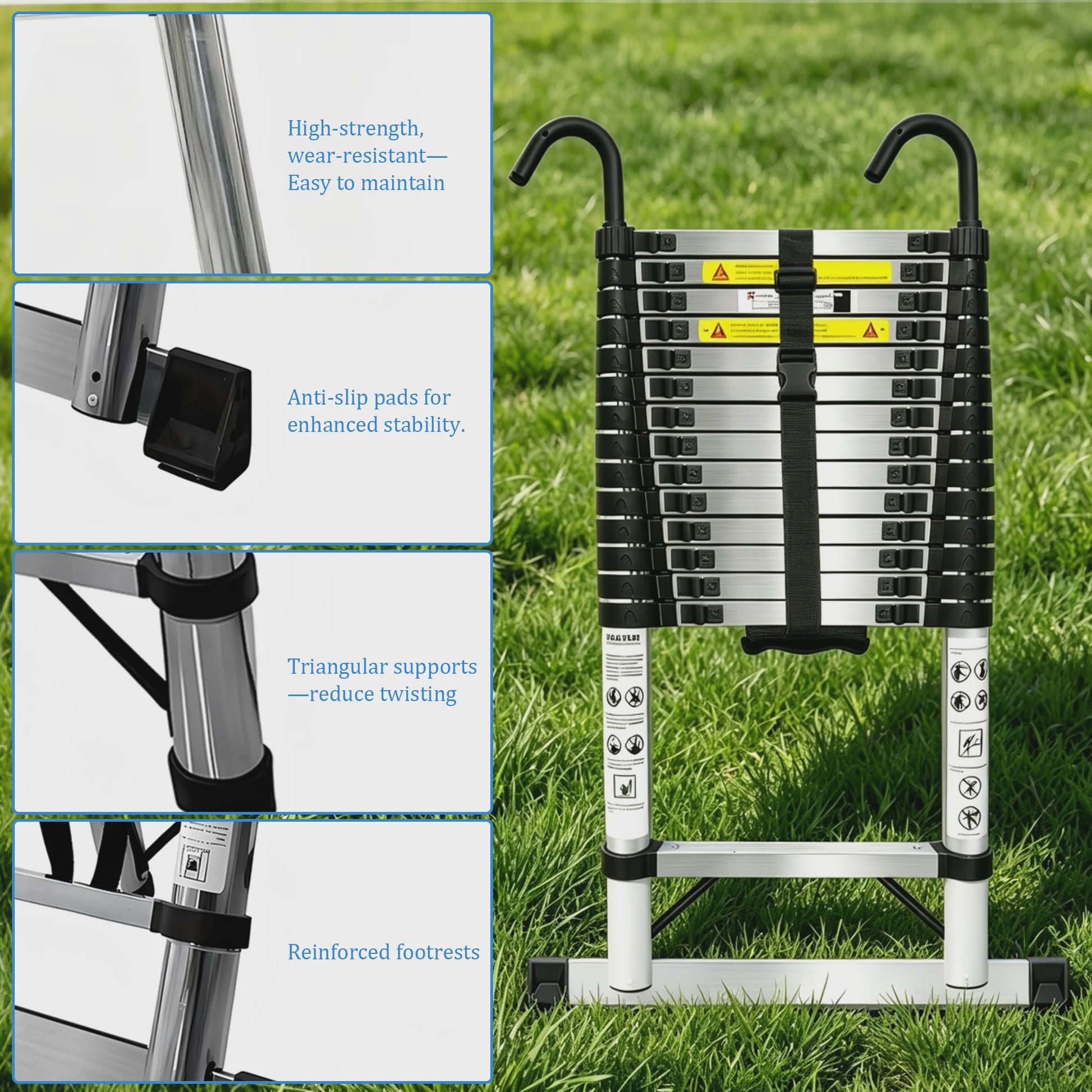 2.6M-6.3M Telescopische Ladder van Roestvrij Staal met Afneembare Haken & Stabilisator Bar - EN131 Gecertificeerd, 150kg Max