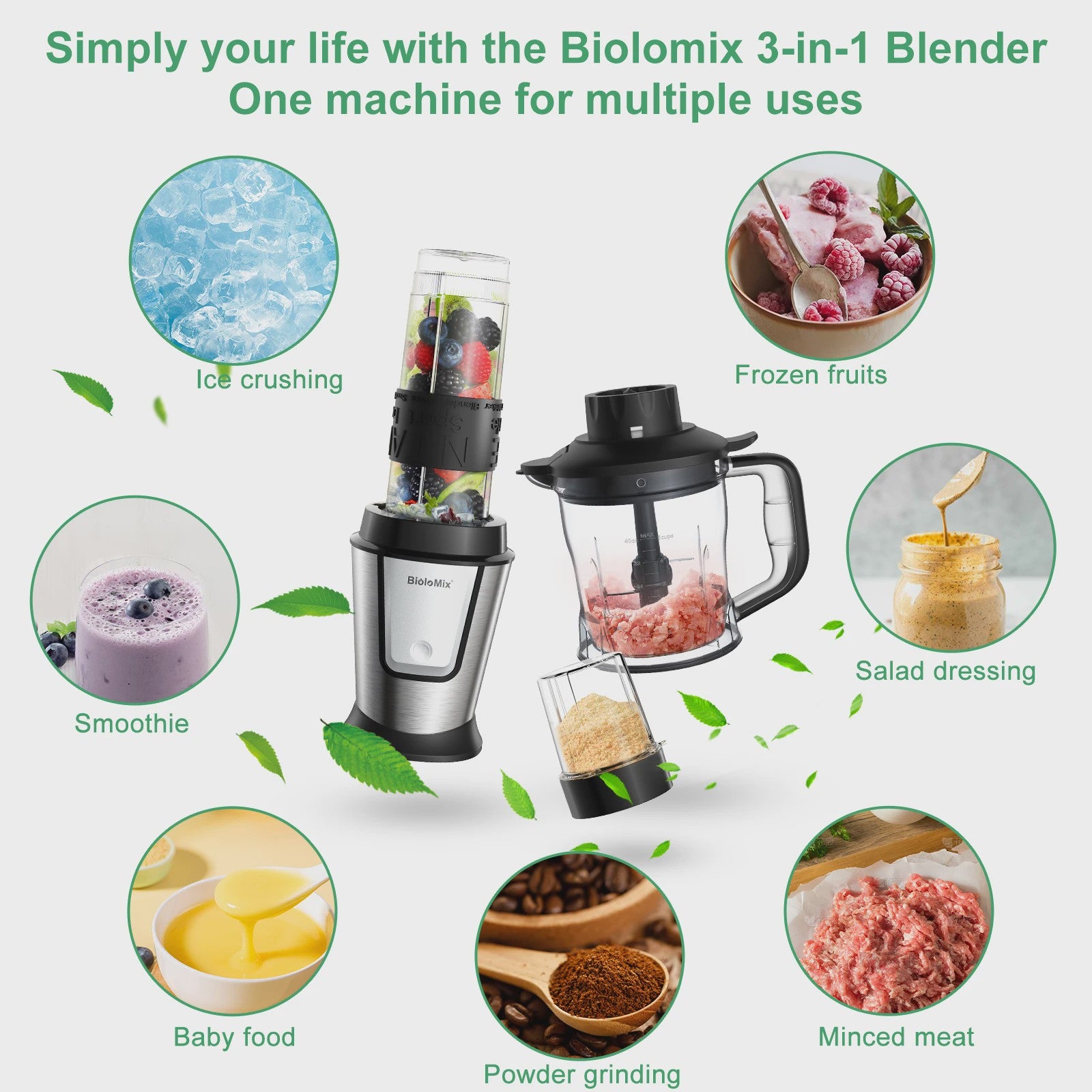 BioloMix 700W Compacte Keuken Blender: 3-in-1 Juicer, Food Processor & Grinder
