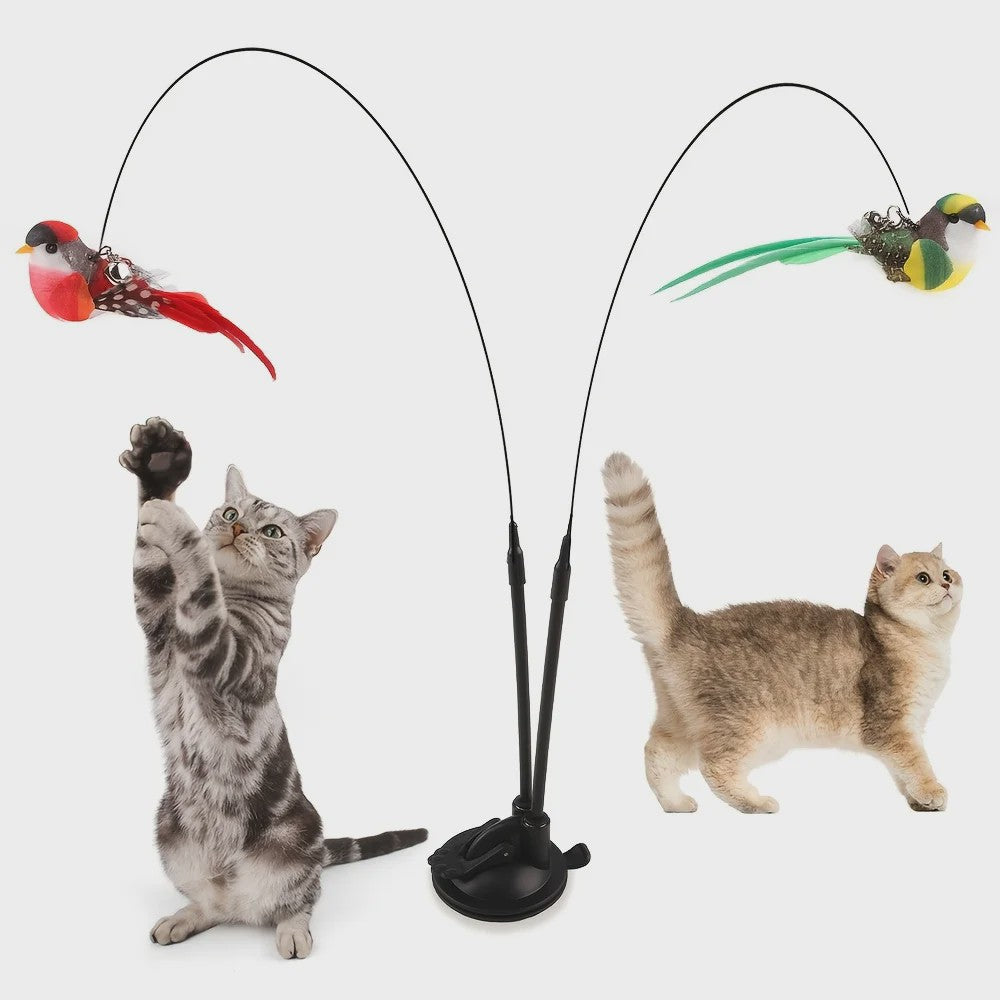 Interactieve Katten Speelstok met Dubbele Vogel en Sterke Zuignap