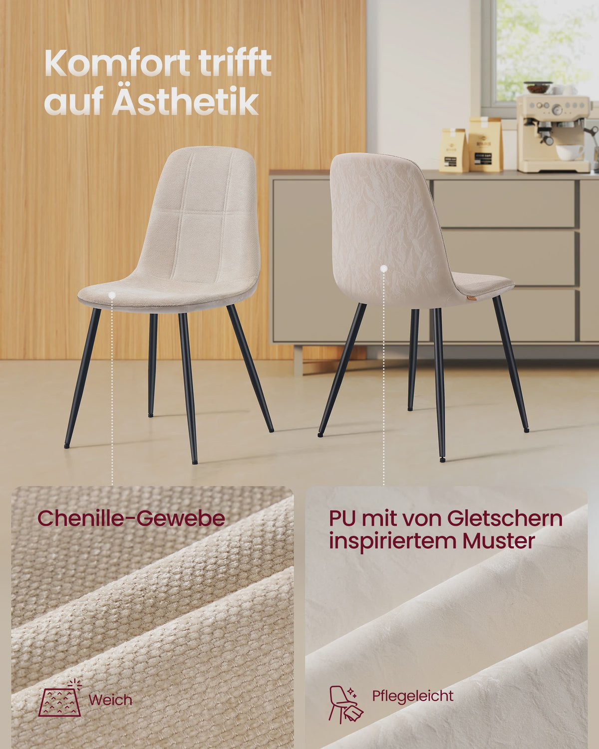 Set van 2 VASAGLE Eetkamerstoelen - Crèmekleurig Gestoffeerd met Metalen Poten