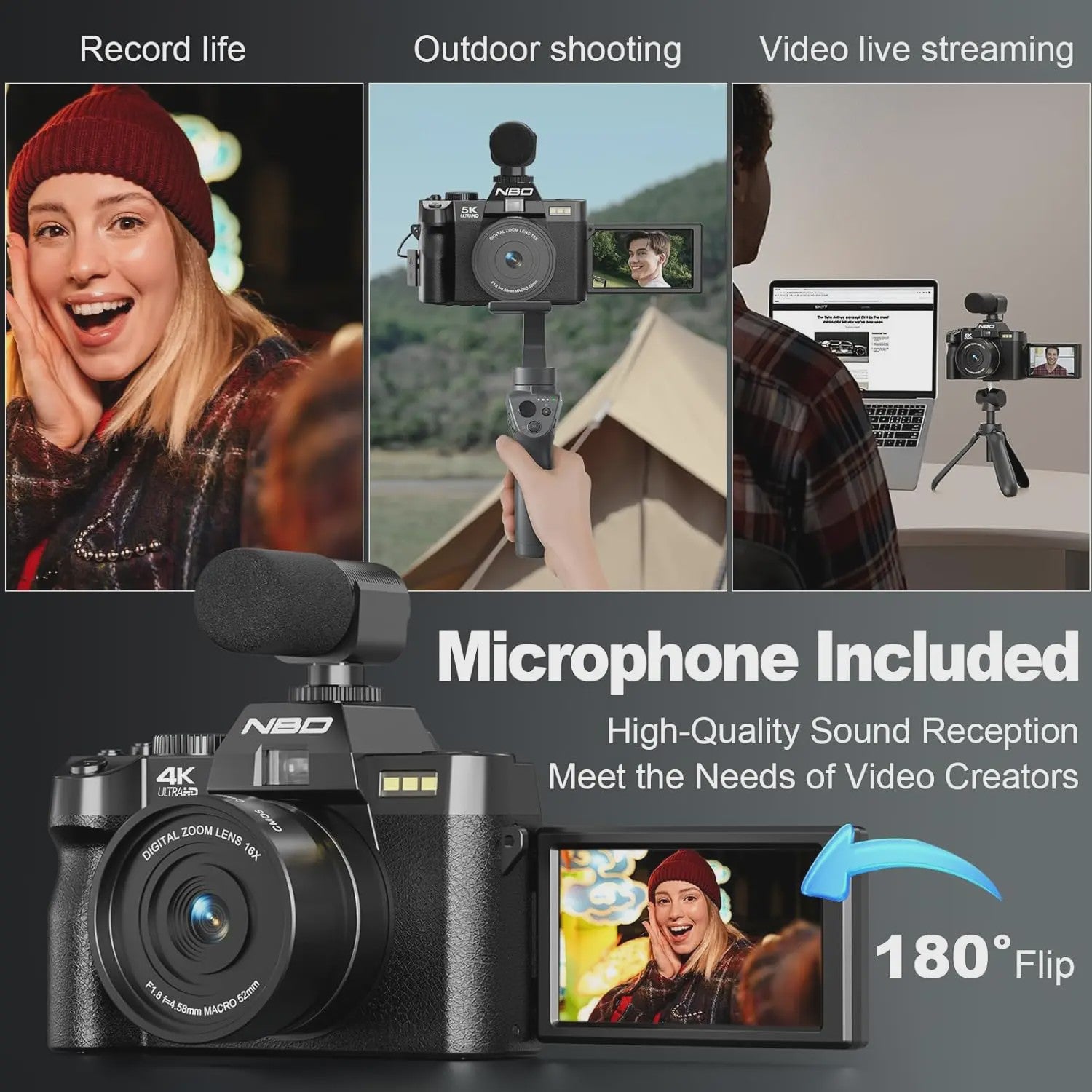 4K Digitale Camera 48MP met 16x Zoom, Draaibaar Scherm & Macro Lens voor Vlogging