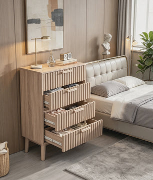 Ladekast met 4 laden, eikenhout look, massief houten poten - Decoratieve opberger voor hal, woonkamer of slaapkamer (60x34x91 cm)