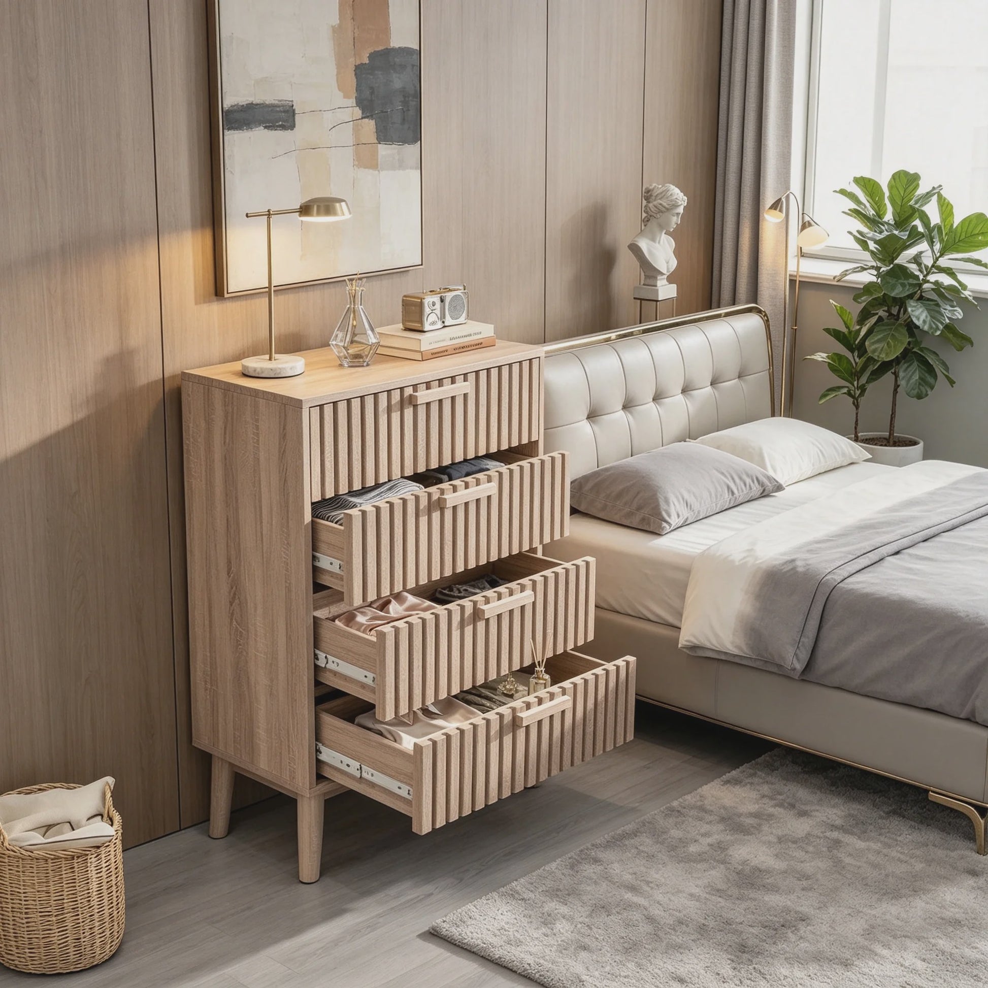 Ladekast met 4 laden, eikenhout look, massief houten poten - Decoratieve opberger voor hal, woonkamer of slaapkamer (60x34x91 cm)