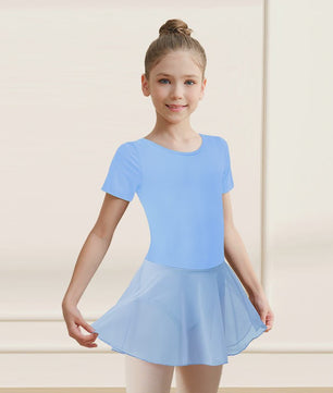 Girls Short Sleeve Ballet Leotard Girls Mesh Dance Leotard with Skirt  Kids Back Bow Knot Dancewear