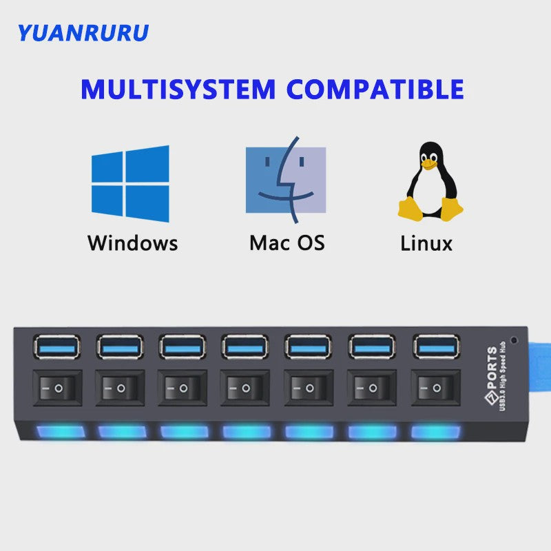USB Hub 3.0/2.0 met 4 of 7 poorten, individuele schakelaars en LED-indicatoren