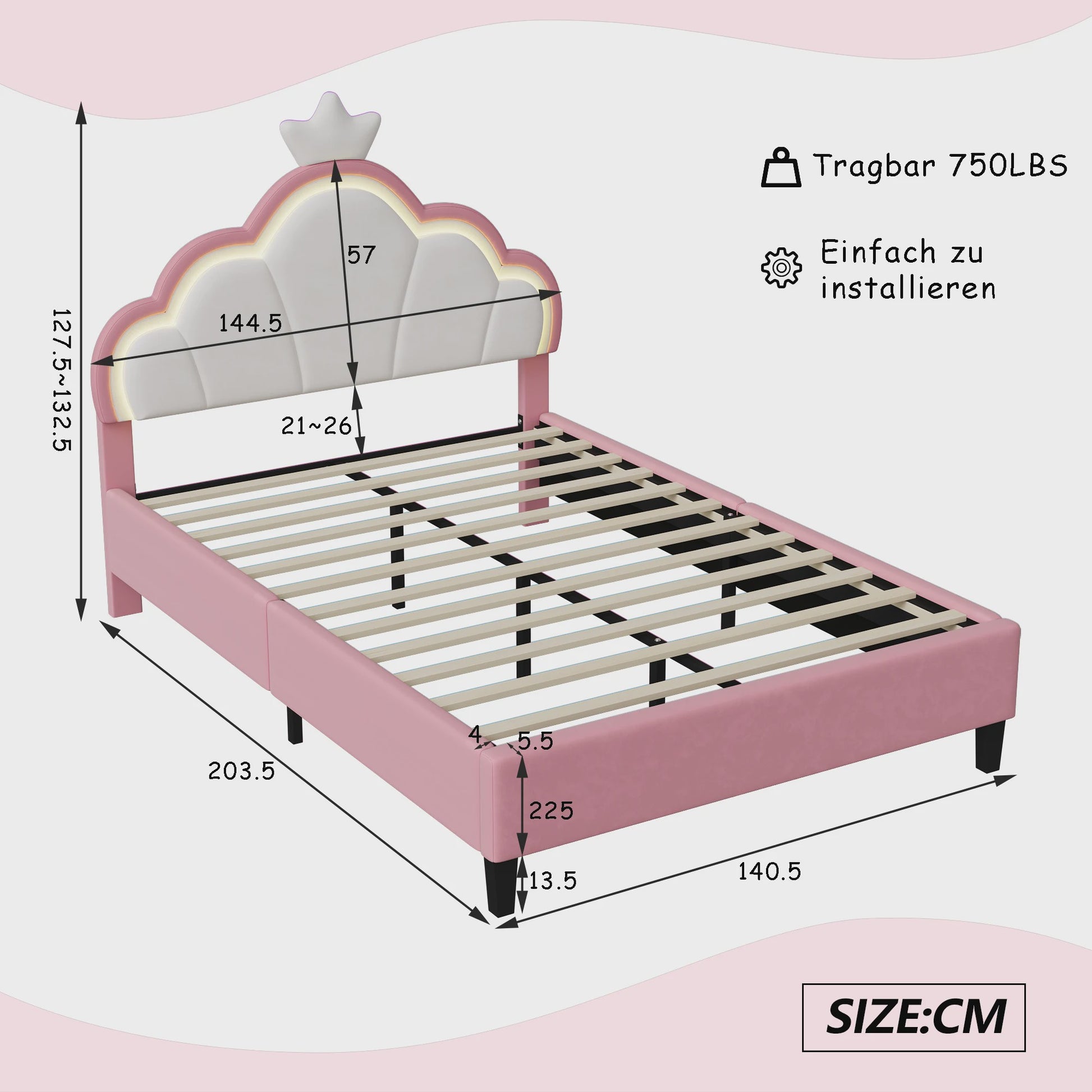 Betoverend Prinsessenbed met Kroon en LED-verlichting - Roze Kinderbed