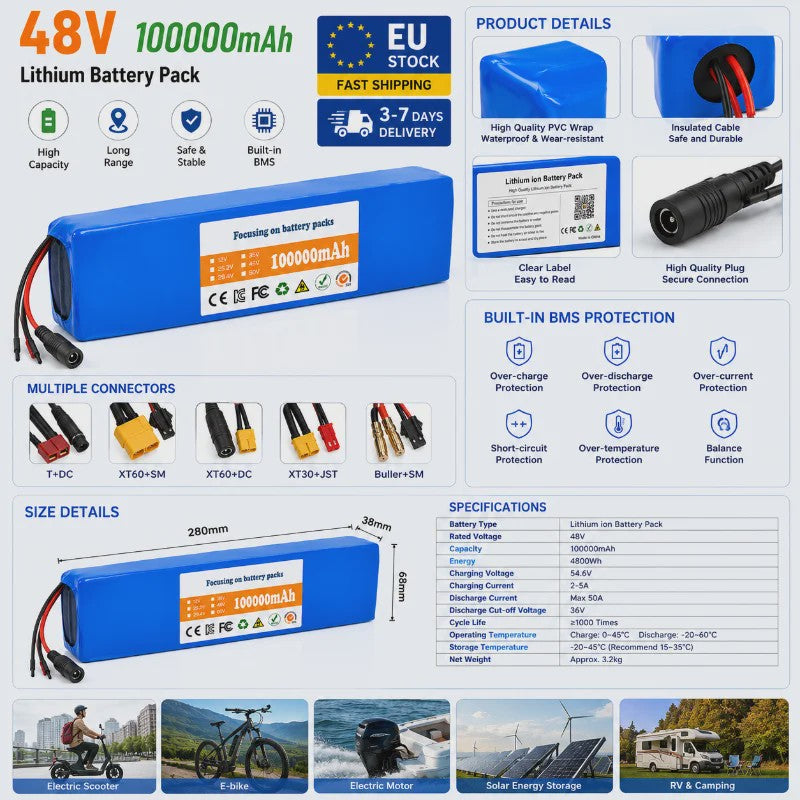 48V 100Ah Lithium Batterij Pack met BMS voor E-bike & Scooter - Inclusief 54.6V Lader