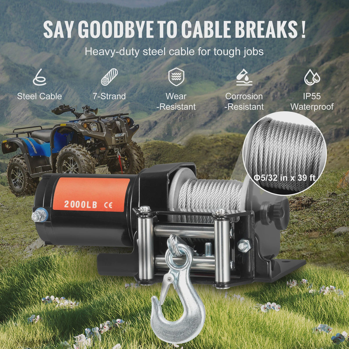 Elektrische Lier 2000lbs voor ATV/UTV - Staalkabel & Afstandsbediening voor Off-Road Voertuigen